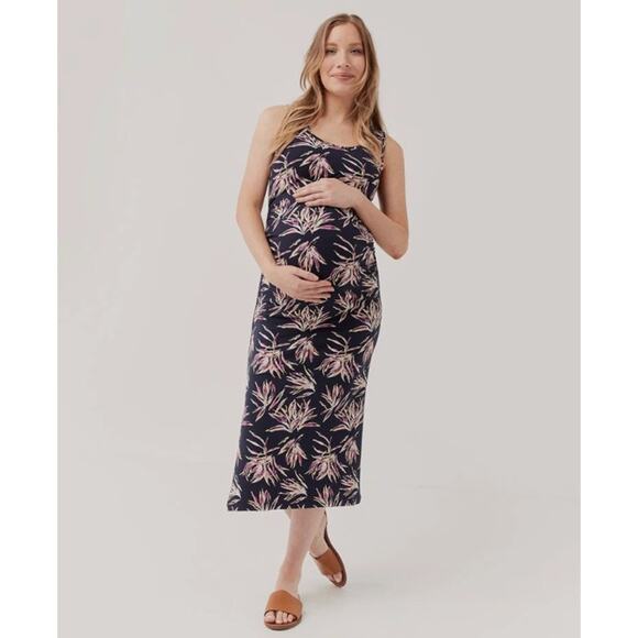 Pact Maternity Freesia Palms Ruched Tank Midi Dress Small Navy Blue Organic - Picture 1 of 11